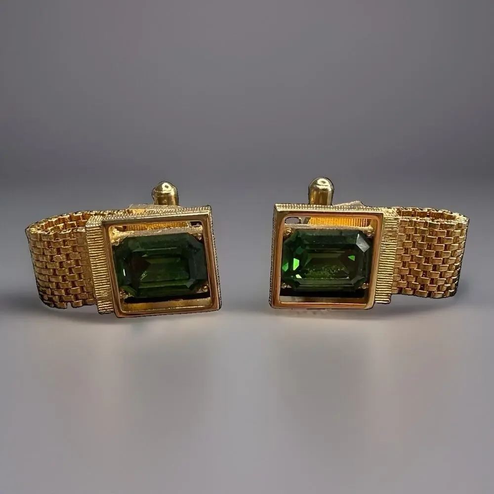 Vintage 1960's Swank Wrap Around Mesh Cufflinks Emerals Green Block Glass Stone